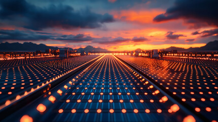 Futuristic Sunset Over a Solar Panel Field with Glowing Lights