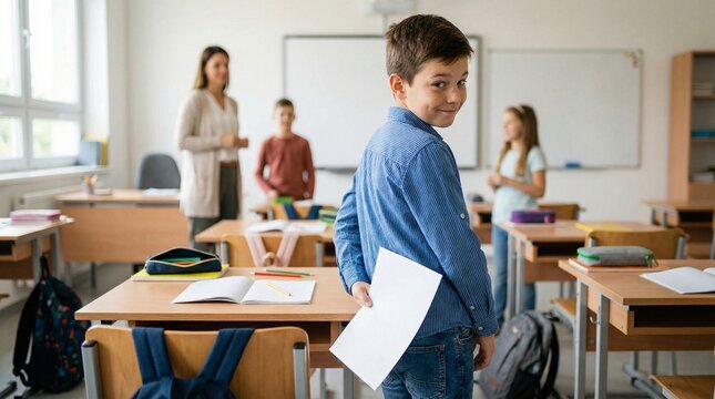 Boy hiding paper behind back in classroom, mischievous student holding blank sheet during lesson