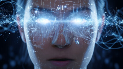 Futuristic woman with AI digital interface and glowing blue eyes