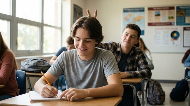 Student making bunny ears sign in classroom, playful prank behind classmate during lesson