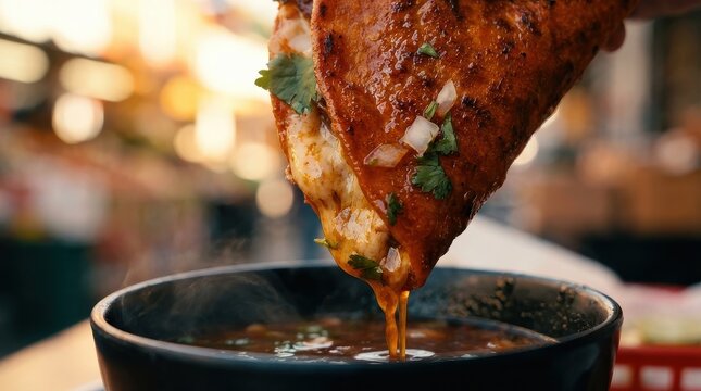 Birria taco dipping into bowl of spicy consomm&eacute; soup