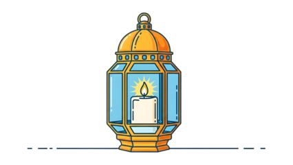 A colorful illustration of a hanging lantern with a lit candle inside isolated on transparent background