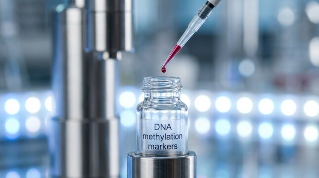 Laboratory pipette dripping liquid into DNA methylation marker vial