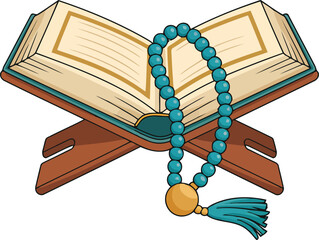 An open sacred book with light green accents rests on a wooden reading stand accompanied by turquoise prayer beads