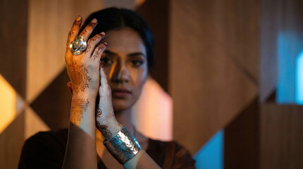 Close up shot of female hands decorated with henna mehndi and wearing a statement silver ring and cuff with blurred background