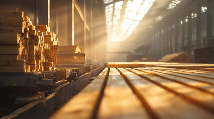 Sunlit Woodworking Shop with Freshly Cut Timber Planks Stacked Neatly