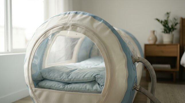 Portable hyperbaric oxygen chamber in modern home setting