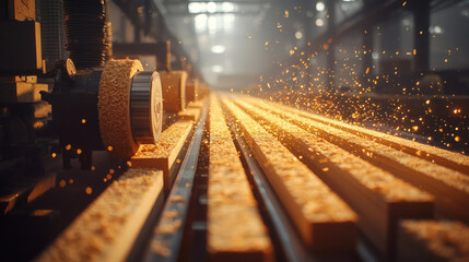 Woodworking Process with Sparkles and Sawdust in a Factory Setting