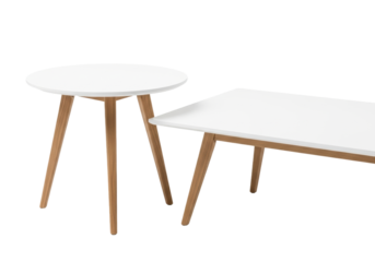 Two distinct scandinavian tables with matte white tops and natural beechwood legs are shown in a clean, shadowless high-key studio shot, conveying a minimalist furniture design concept