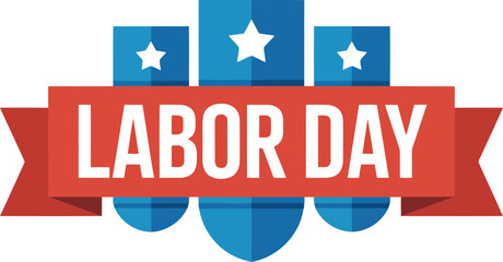 Patriotic red white and blue shield with stars and bold LABOR DAY text on a white background