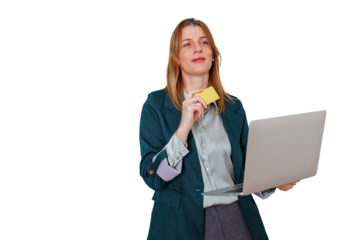 Woman holding credit card and laptop, contemplating online shopping or e-commerce purchases, isolated on transparent background
