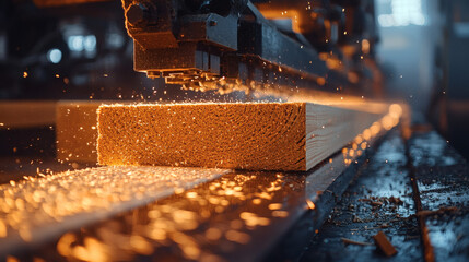 Close-Up Process of Wood Cutting with Sparks in Workshop Environment