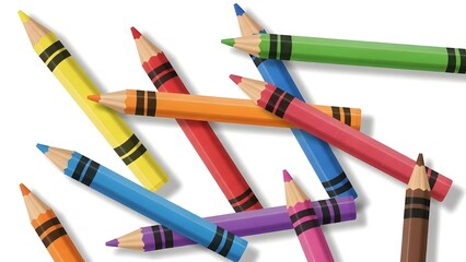 A collection of colorful crayons scattered on a white background