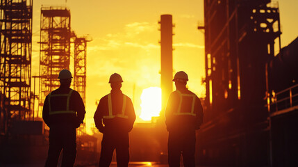 Workers Silhouetted Against Sunset Over Industrial Landscape