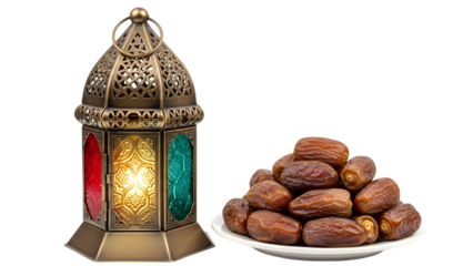 A traditional lantern and a plate of dates on a white surface for ramadan or eid celebration isolated on transparent background