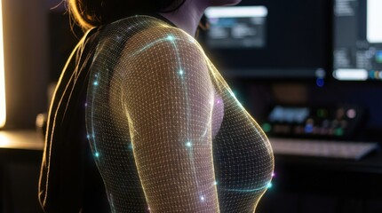 Digital wireframe overlay on woman in high-tech environment