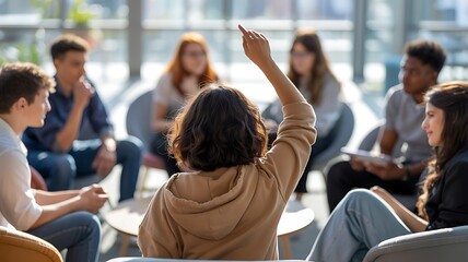 Engaged group discussion in a modern conference room