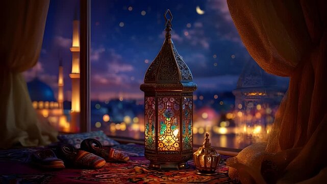 Traditional Arabian lantern on window ledge overlooking night cityscape