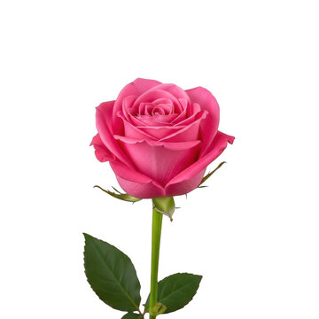 Single pink rose with green leaves isolated on transparent background