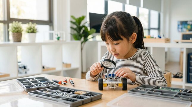 Young girl examining a model car with a magnifying glass indoors  
