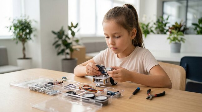 Young girl building robot, STEM education child assembling robotics project with tools