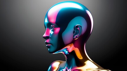 Sleek futuristic profile bust, polished chrome texture with holographic color gradients