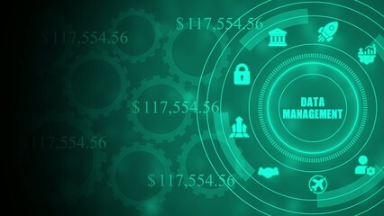 Green data management infographic with glowing neon and dollar amounts green background neon glowing circles
