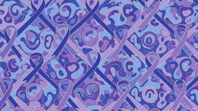 Vibrant purple and blue swirling pattern with diamond shapes and curly lines on a seamless background texture
