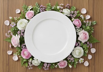 Elegant floral arrangement with a white plate on wooden surface.