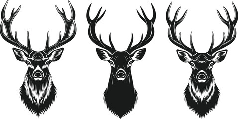 Set of vintage black and white deer head silhouettes with large antlers for hunting and nature adventure logos