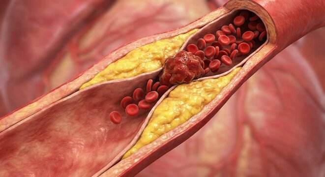Medical Illustration of Coronary Artery Occlusion showing Plaque and Blood Clot.