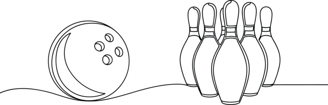one line drawing of a bowling ball and pins on a wooden lane for sports competition concept