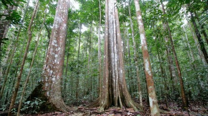 Obraz premium Tall Mature Trees in Dense Green Forest with Sunlight Filtering Through Foliage