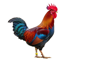 Fototapeta premium majestic cockerel with fiery red and iridescent blue plumage, large crimson comb, and leg identification band, isolated on a high-key background for commercial use concept