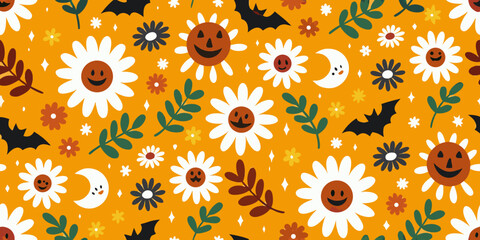 halloween themed flowers and bats on orange background with smiling faces
