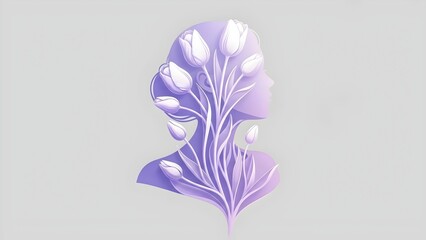 Upper body portrait with white lilies on purple background.

---