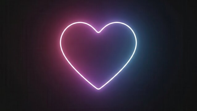 Vibrant glowing futuristic romantic digital minimalist heart outline, rendered as a neon light graphic with a beautiful pink-to-blue gradient, illuminating a dark background, perfect for modern