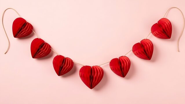 Red heart garland on pink background for valentine s day decoration
