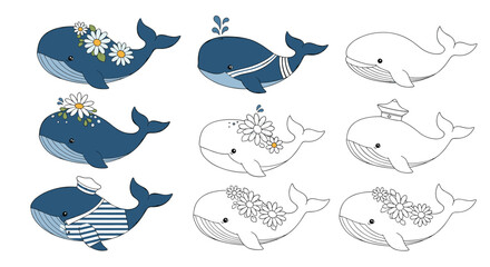 Obraz premium Collection of charming whale illustrations with different maritime themes like flowers sailor hats and striped patterns.