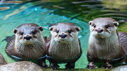 Three Playful Otters Sitting on Rocks in Clear Water in Natural Setting