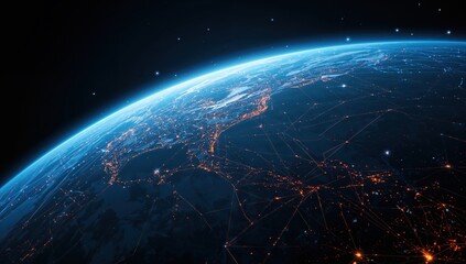 Satellite view of Earth at night, urban lights and global communication