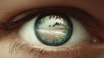 Naklejka premium Tropical Paradise Reflections: Enchanting Beach Scene Captured in Eye Close-Up