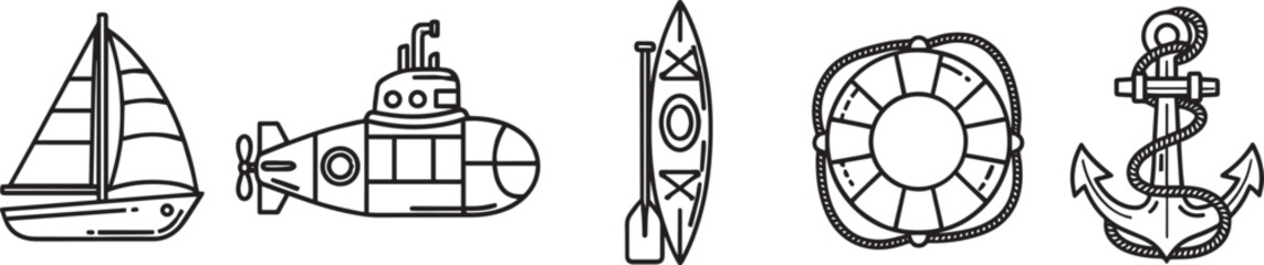 Nautical and marine line art vector icons. sailboat, submarine, anchor symbols