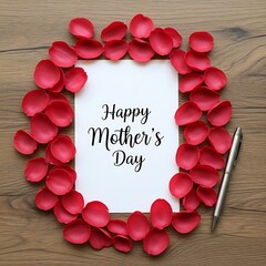 Red flower petals surround a blank white note with a handwritten greeting on a wooden surface