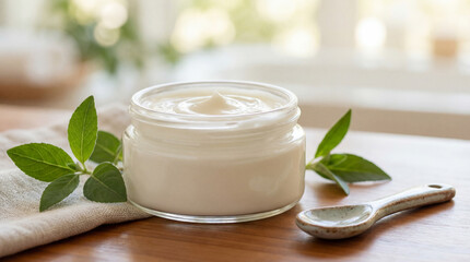 Creamy Yogurt in Glass Jar with Fresh Mint Leaves on Wooden Table