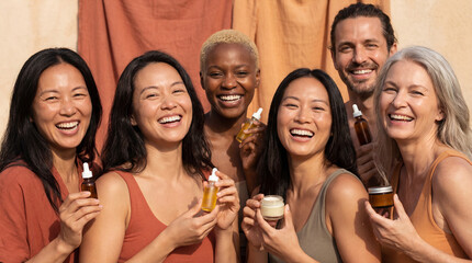 Group of Diverse Women Holding Skincare Bottles in Bright Studio