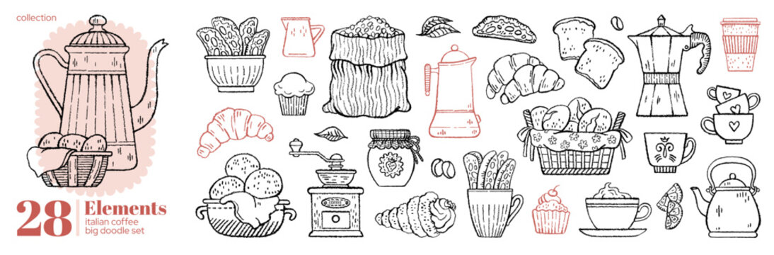 Italian coffee brunch. Doodle breakfast food. Italian brunch cafe. Hand drawn line icon. Menu sketch illustration. Espresso cup, dessert, croissant, coffeemaker, cake, latte. Cafe club shop design bg