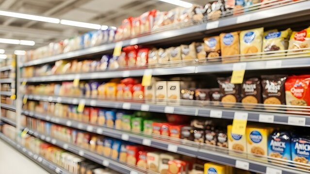 Blurry image of snack display racks such as cookies, biscuits, nuts and other snacks in a super market