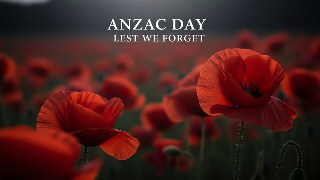 Red poppies field with Anzac Day remembrance text