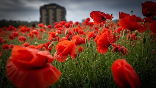 Red poppies field with memorial in background